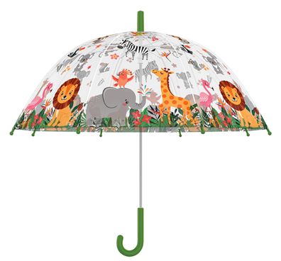 Kinder Regenschirm transparent mit Dschungel Motiven und grünem Griff