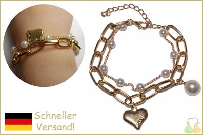 Perlen Glieder Armband | Frau Kette Freundin Geschenk Gold Charme Herz Chain