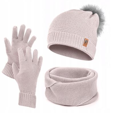 Damen Wintermütze Schlauchschal Handschuhe Set Winter Gestrickte Warme Mütze Schal