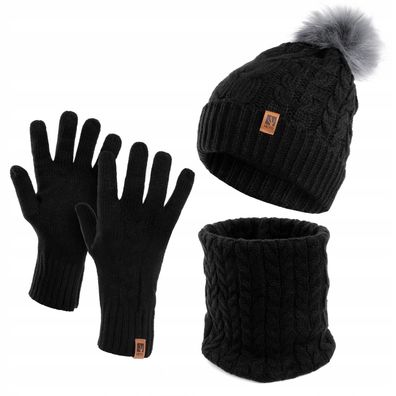 Damen Wintermütze Schlauchschal Handschuhe 3 teiliges Set | Warme Winter Mütze Scha