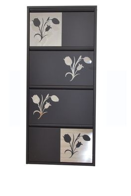 Klappschuhschrank schwarz 4 Klappen Tulpenmotiv Schuhkipper Schuhregal modern