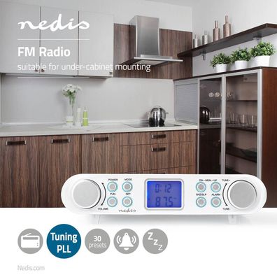 Nedis Küchen Radio Unterbauradio in weiß / UKW Nachttischradio mit Wecker Timer