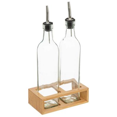 Olivenöl- und Essigspender + Bambushalter, 3-teiliges Set