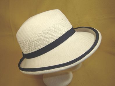 Panama Damenhut eleganter Strohhut schräger Rand natur weiß m blau DH279