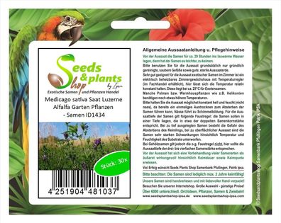 30x Medicago sativa Saat Luzerne Alfalfa Garten Pflanzen - Samen ID1434