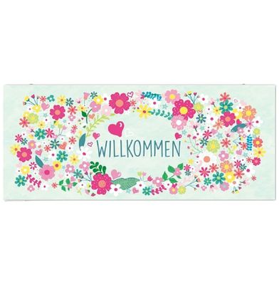 Blechschild, Schild "Willkommen", Wandschild mit bunten Blumen 13x31 cm