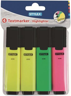 Stylex Textmarker mit Clip, flach, 4 Stück (2x gelb, 1x grün, 1x pink)