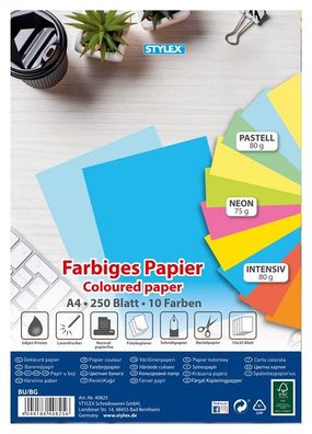 Farbiges Papier, DIN A4, 250 Blatt - 10 Farben - Pastell, Intensiv und Neon