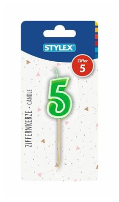 Stylex 10765 Kerze, Ziffer 5 - farbig auf Holzspieß