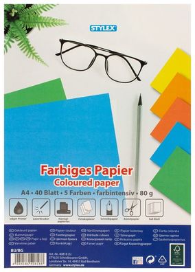 Stylex Farbiges Papier, DIN A4, intensiv, 5 Farben / 40 Blatt
