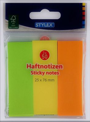 Stylex Haftnotizen, farbig, 25 x 76 mm, 3 x 50 Blatt