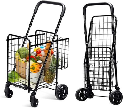 Klappbarer Einkaufstrolley, Einkaufswagen mit Universalrädern & Doppelkorb Rollwagen