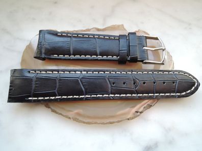 Leder Uhrenarmband Ersatzband Rundanstoss schwarz blau mit weisser Naht 22 mm b45