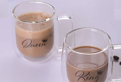 2er Doppelwand Teegläser 300 ml Kaffeegläser mit Henkel "Queen & King" Camli Barda...