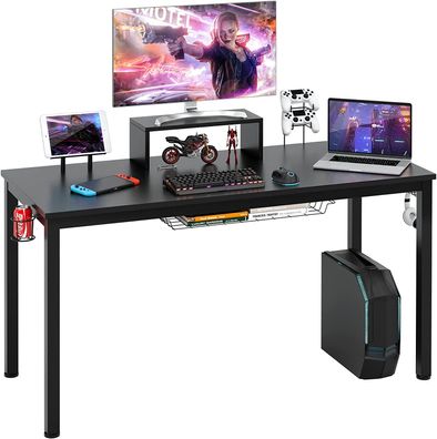 140cm Gaming Tisch mit Monitorablage, Groß Gamer Schreibtisch PC-Tisch Getränkehalter