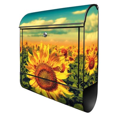 banjado® Design Briefkasten Stahl schwarz mit Zeitungsfach Motiv Sonnenblumen
