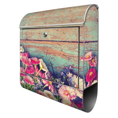 banjado® Design Briefkasten Stahl silber mit Zeitungsfach Motiv Blumenpfücken
