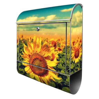 banjado® Design Briefkasten Stahl silber mit Zeitungsfach Motiv Sonnenblumen