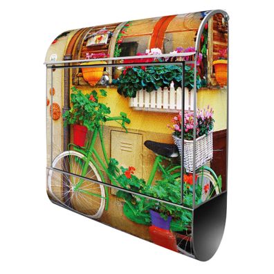 banjado® Design Briefkasten Stahl silber mit Zeitungsfach Motiv Grünes Fahrrad