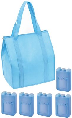 1 x Kühltasche 35x25x38 Einkaufstasche Reißverschluss mit 5 x Kühlakkus Hellblau