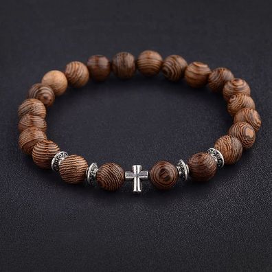 Männer Naturholz Perlen Kreuz Armbänder, Onyx Meditation Gebetskette Armband