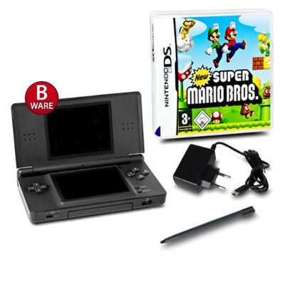 Nintendo DS Lite Konsole Schwarz #70B + Ladekabel + Spiel New Super Mario Bros.