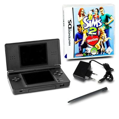 Nintendo DS Lite Handheld Konsole schw #70A + Kabel + Spiel Die Sims 2 Haustiere