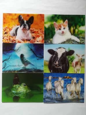 3 D Ansichtskarte Tiere Postkarte Wackelkarte Hologrammkarte Hund Katze Rabe Kuh Pony