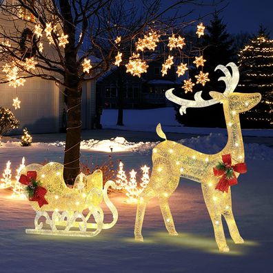 LED-Rentier mit Schlitten, Weihnachtshirsch Beleuchtet, Warmweiß | 5,2m Zuleitung
