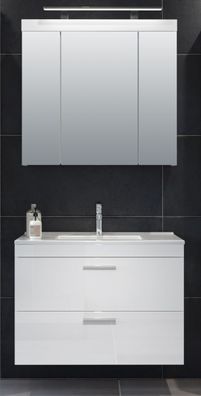 Badmöbel Set weiß Hochglanz Waschtisch Spiegelschrank + Waschbecken Devon 80 cm