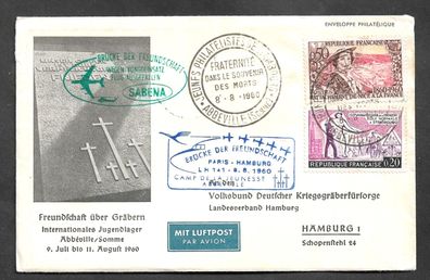Flugpost Frankreich Lufthansa Flug LH 141 Paris nach Hamburg 8.8.1960