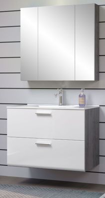 Badmöbel Set weiß Waschbeckenunterschrank Waschbecken Spiegelschrank 80 cm Riva