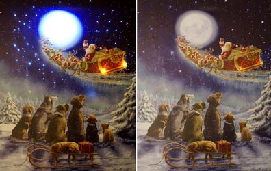 Hunde mit Mond Winter Nikolaus Leuchtbild LED Bild Leinwandbild Wandbild Poster