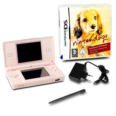 DS Lite Handheld Konsole rosa #74A + Kabel + Spiel Nintendogs Dachshund & Friends
