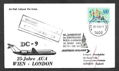 Flugpost UNO Wien 25. Jahrestag des Erstfluges Wien nach London DC 9
