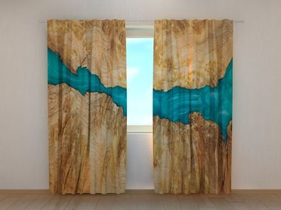 Fotogardine Holz und Blau, Fotovorhang mit Motiv, Digitaldruck, Gardine auf Maß