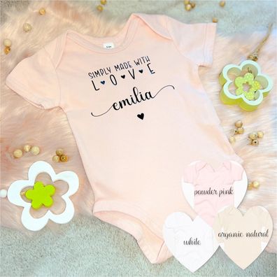 SÜSSER BABY-BODY "SIMPLY MADE WITH LOVE" & Wunschname Langarm Kurzarm Farbwahl