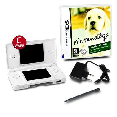 DS Lite Handheld Konsole weiß #71C + Kabel + Spiel Nintendogs Labrador & Friends