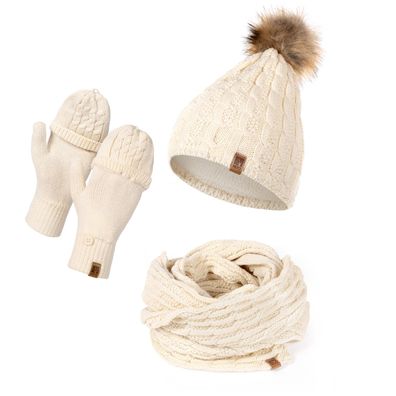 HEYO Mütze Schal Handschuh Set für Damen | Gefütterte Wintermütze mit Kunstfellbommel