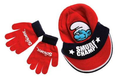Die Schlümpfe Winter Set Rot Mütze und Handschuhe