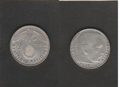 J.366 * Drittes Reich * 2. Reichsmark * 1937. J * Silber * Hindenburg / Hakenkreuz