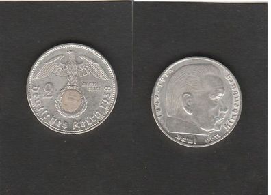 J.366 * Drittes Reich * 2. Reichsmark * 1938. E * Silber * Hindenburg / Hakenkreuz