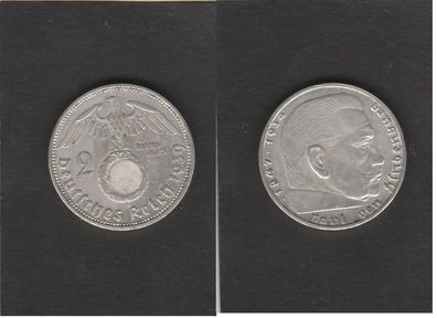 J.366 * Drittes Reich * 2. Reichsmark * 1939. A * Silber * Hindenburg / Hakenkreuz