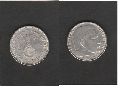 J.366 * Drittes Reich * 2. Reichsmark * 1939. B * Silber * Hindenburg / Hakenkreuz