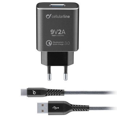 Cellularline 18W Typ-C USB-C Ladegerät Set Netzteil 1m Kabel Qualcomm 3.0 9V 2A