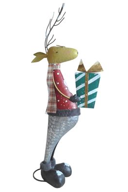 Metallfigur Hirsch mit Brille und Geschenk | Dekofigur Figur Weihnachten 71 cm