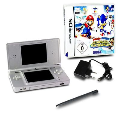 DS Lite Handheld Konsole silber #73A + Mario & Sonic bei d. olymp. Winterspielen