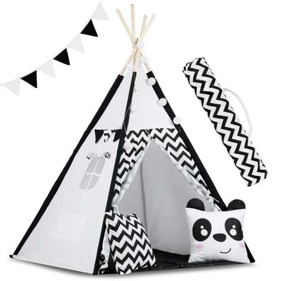 Tipi-Zelt - Spielzelt - Schwarz und Weiß - mit Kissen und Lichtern