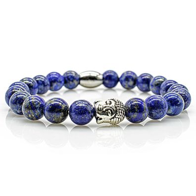 Lapislazuli Armband Bracelet Perlenarmband Buddhakopf silber blau 8mm Edelstahl