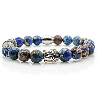 Jaspis Armband Bracelet Perlenarmband Buddhakopf silber blau 8mm Edelstahl
